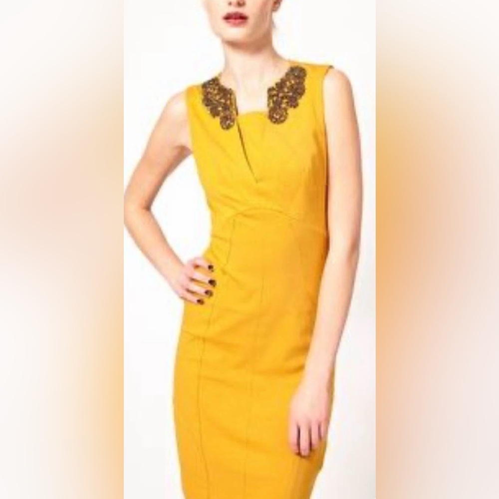 Ted Baker Mustard Embellished Midi Dress